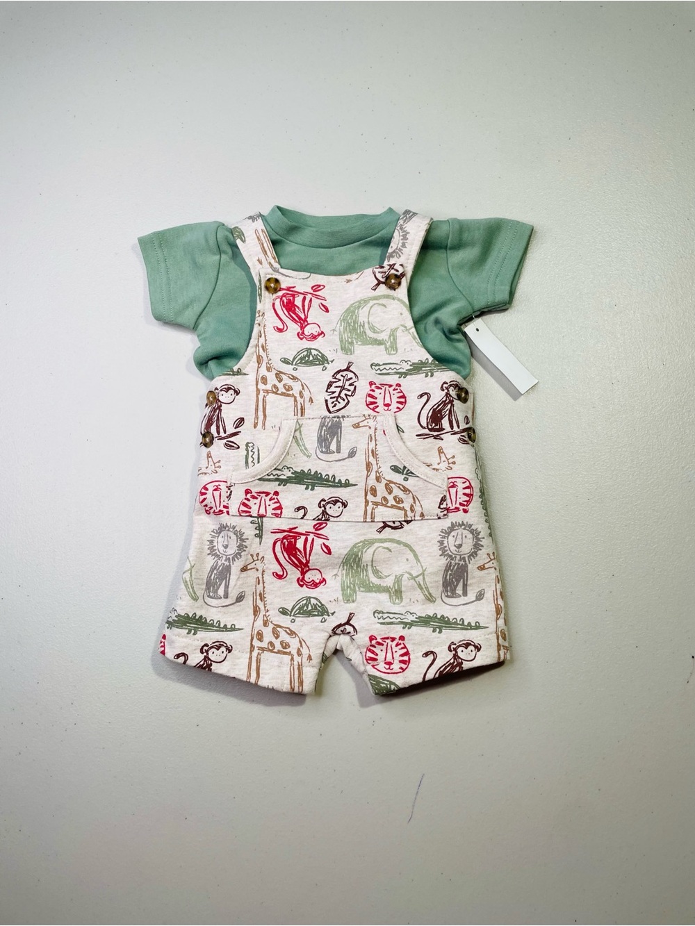 NWT Baby Essentials 3 Months Unisex Green Tee & Safari Animal Print Overall Set